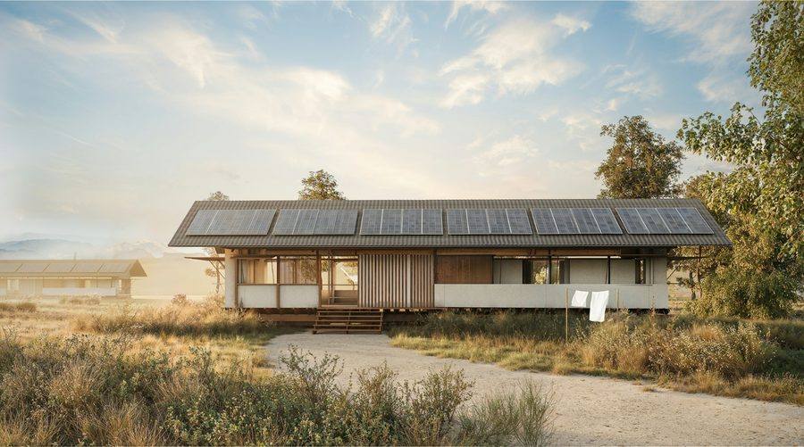 Solar-powered building in an arid landscape